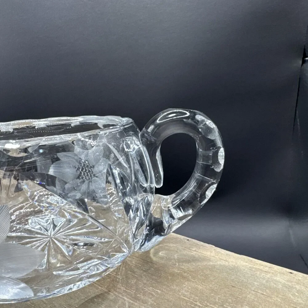 Etched Glass Clear Cut Flower Design Sugar Bowl with Two Handles Solid Heavy
